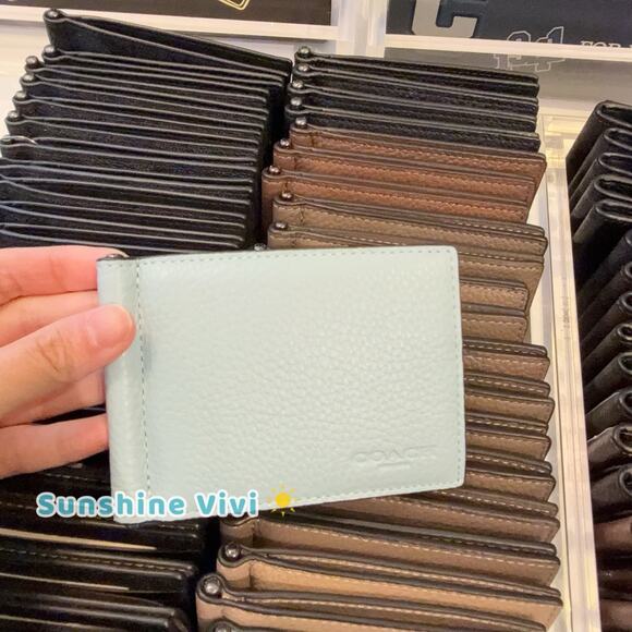 NWT Coach Slim Money Clip Billfold Wallet CH090 Light Blue Pebble Leather - Picture 1 of 6